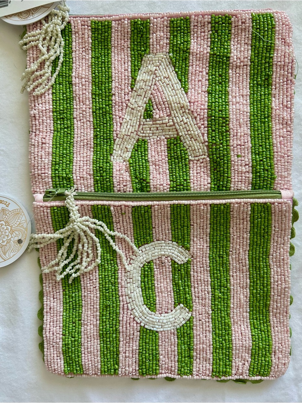 NWT- Beaded Pouches/Clutches w. “A” & “C” Embellishment in Pink & Green Stripes